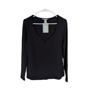 NWT H&M Black Ribbed Deep V-Neck Long Sleeve Top Size L